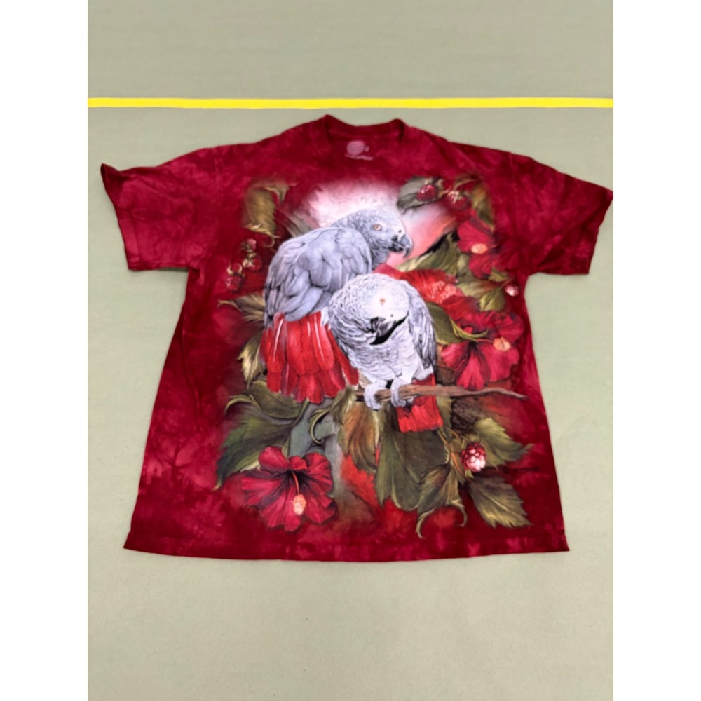 The Mountain African Grey Parrot Hibiscus Tie Dye T-Shirt Burgundy Mens Medium
